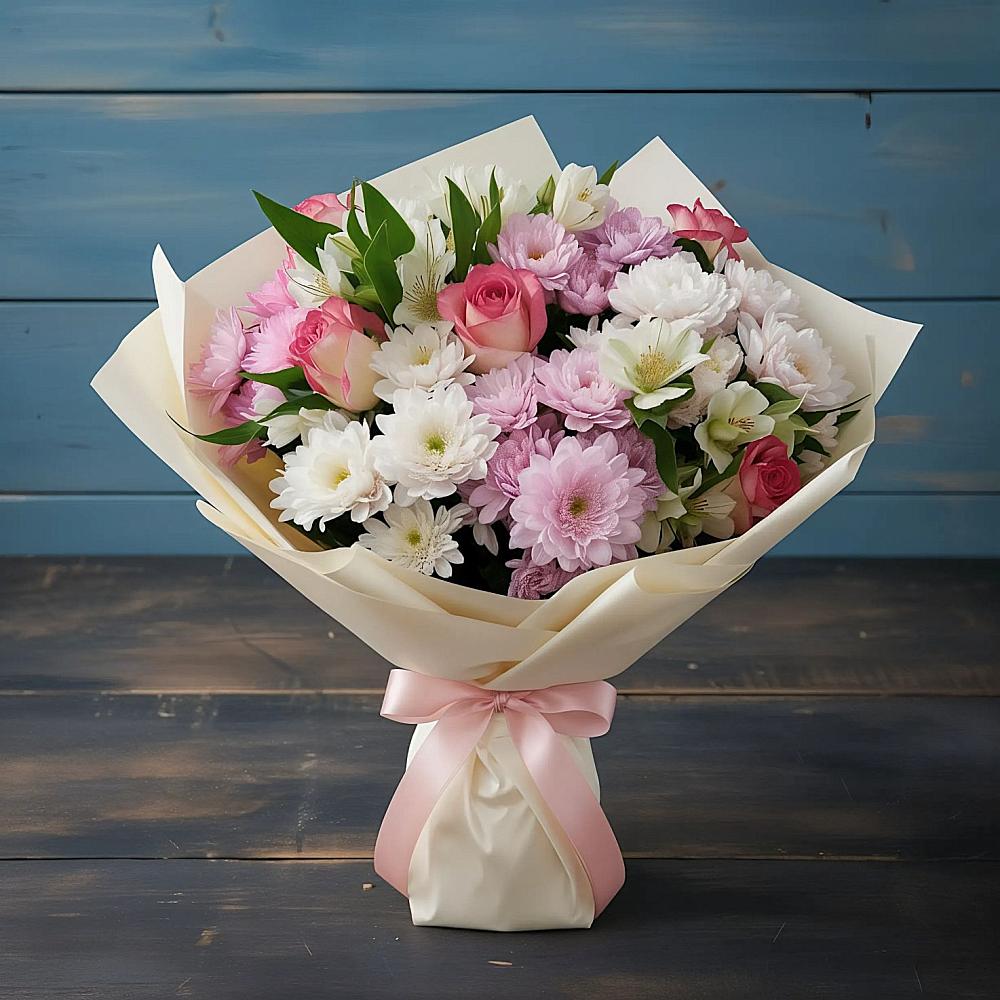 Букет цветов из: Хризантемы, Альстромерии и Розы в Беломорске